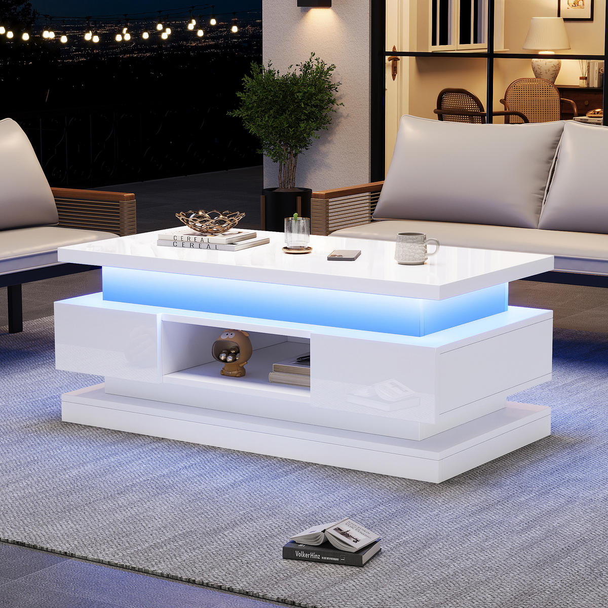 COUCHTISCH anhebbar Weiß LED 2 Schubladen 100x50x40cm Stauraum - Weiß, Holzwerkstoff (100/50/40cm) - FLIEKS