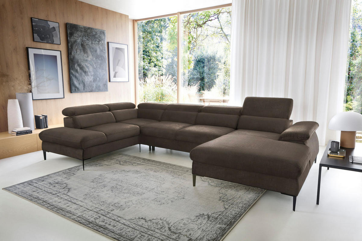 ECKSOFA U-Form 350 cm Amaro M mit Schlaffunktion, Rechts, Braun - Braun, Holz (353/214cm) - Emporius
