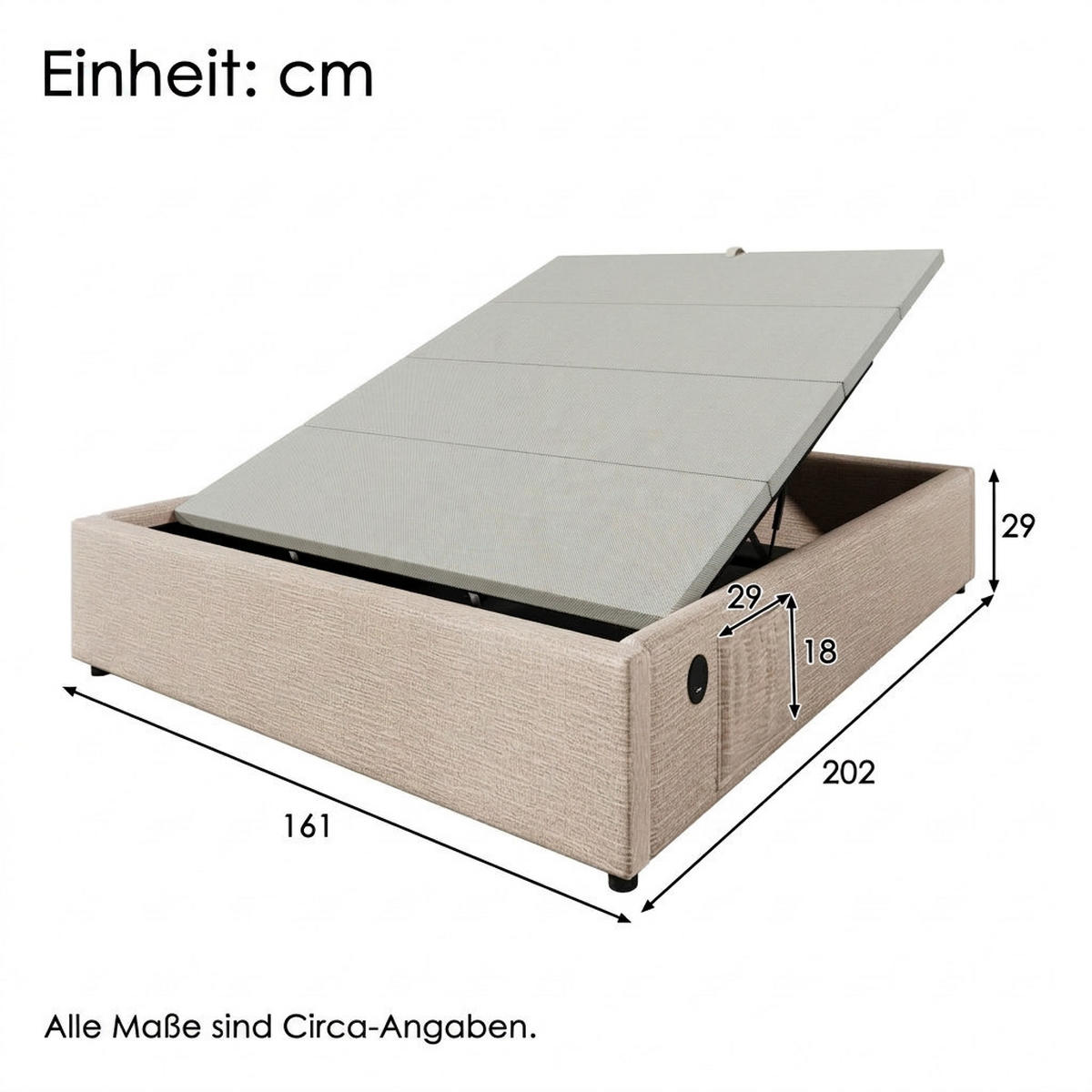 POLSTERBETT 160/200 cm Natürlich mit USB- C, Ohne Kopfteil - Naturfarben, Textil (160/200cm) - Oxeza