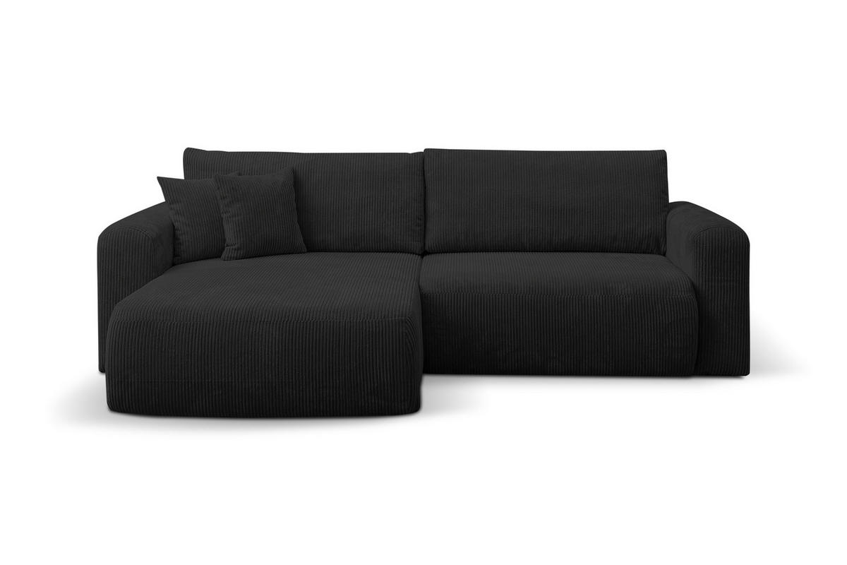 ECKSOFA Roma, Eckcouch in L-Form mit Schlaffunktion und Bettkasten, Farbe: Schwarz, Cordstoff, Ottomane Universal - Schwarz, Textil (244/142cm) - VENASI MÖBEL