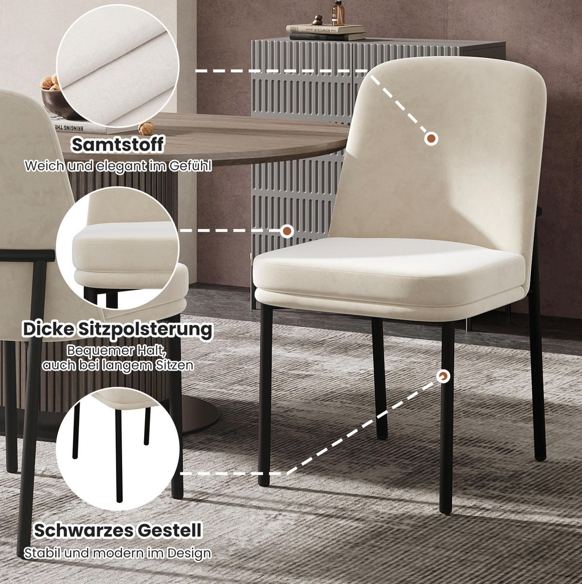 ESSZIMMERSTUHL 4er-Set Samt Beige schwarzer Metallrahmen - Beige, Metall (53/82/42.6cm) - Meubliv