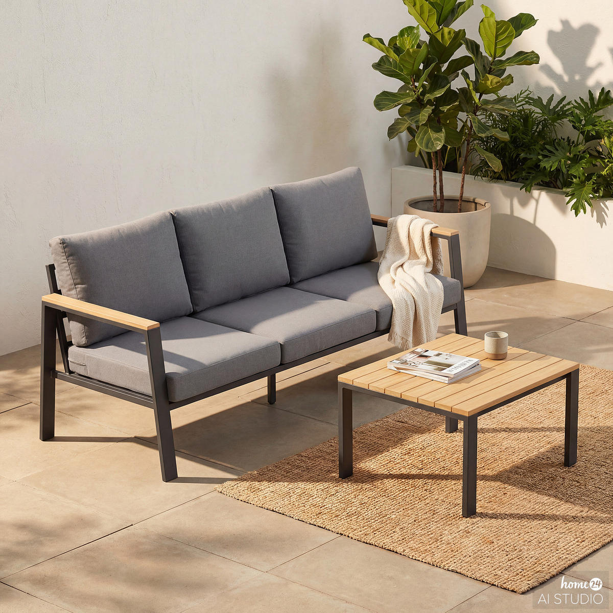 LOUNGESET - Eukalyptus massiv / Polyester - Braun / Anthrazit - 2-teilig - Braun/Grau, Holz/Textil - home24