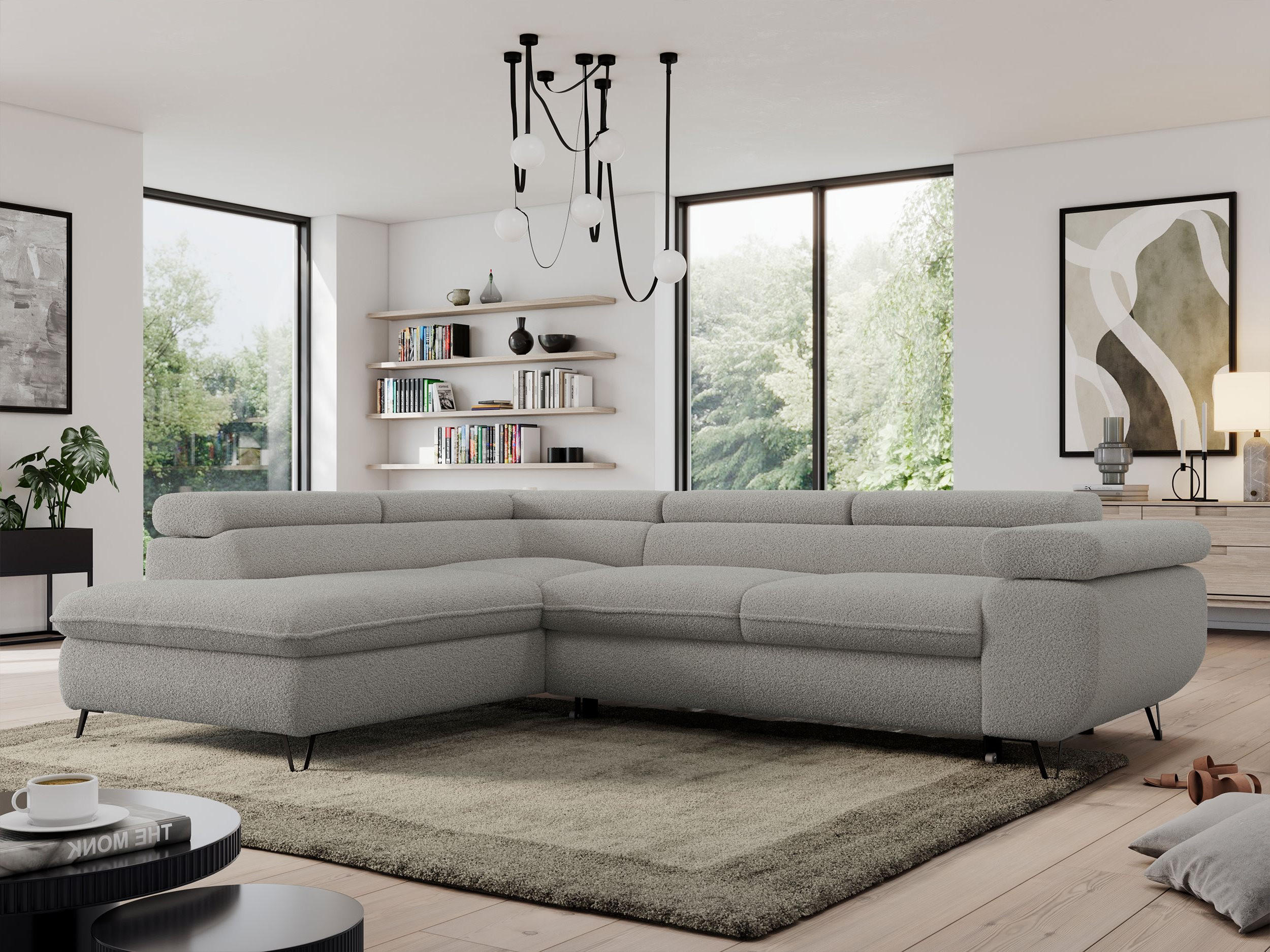 ECKSOFA PEDRO L Hellgrau Boucle - Links Seite - Hellgrau/Schwarz, Textil/Metall (208/273cm) - MKS