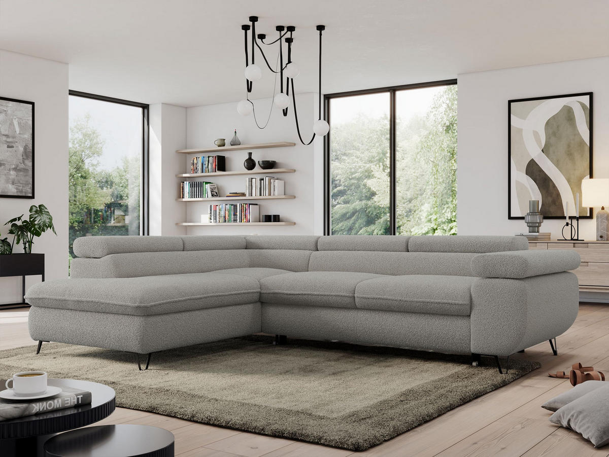 ECKSOFA PEDRO L Hellgrau Boucle - Links Seite - Hellgrau/Schwarz, Textil/Metall (208/273cm) - MKS