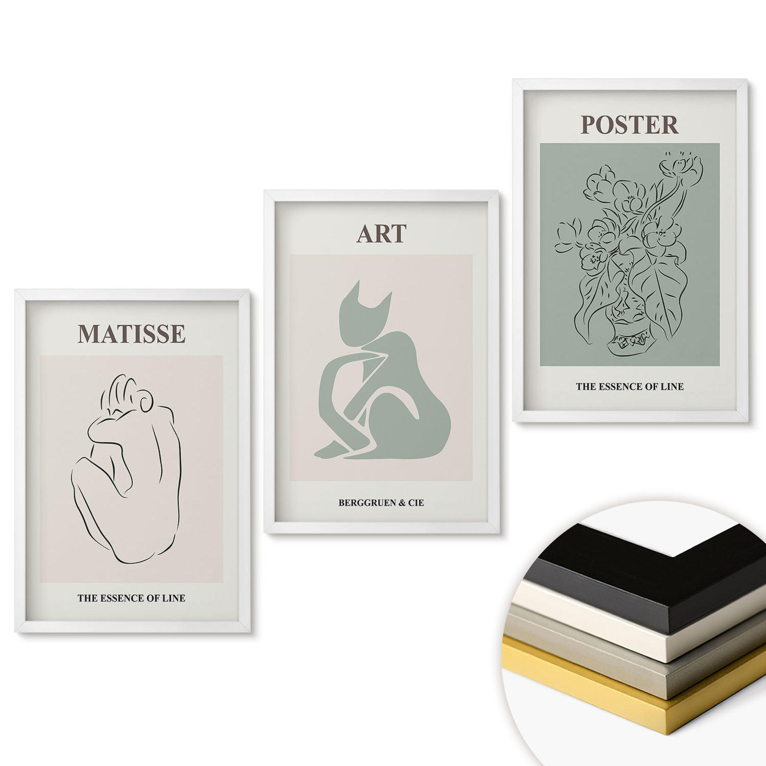 WANDBILDER 3er-Set - 40x60 cm Weißer Rahmen - Matisse Grün Beige Poster - Weiß, Kunststoff (40/60cm) - ArtPrintCave