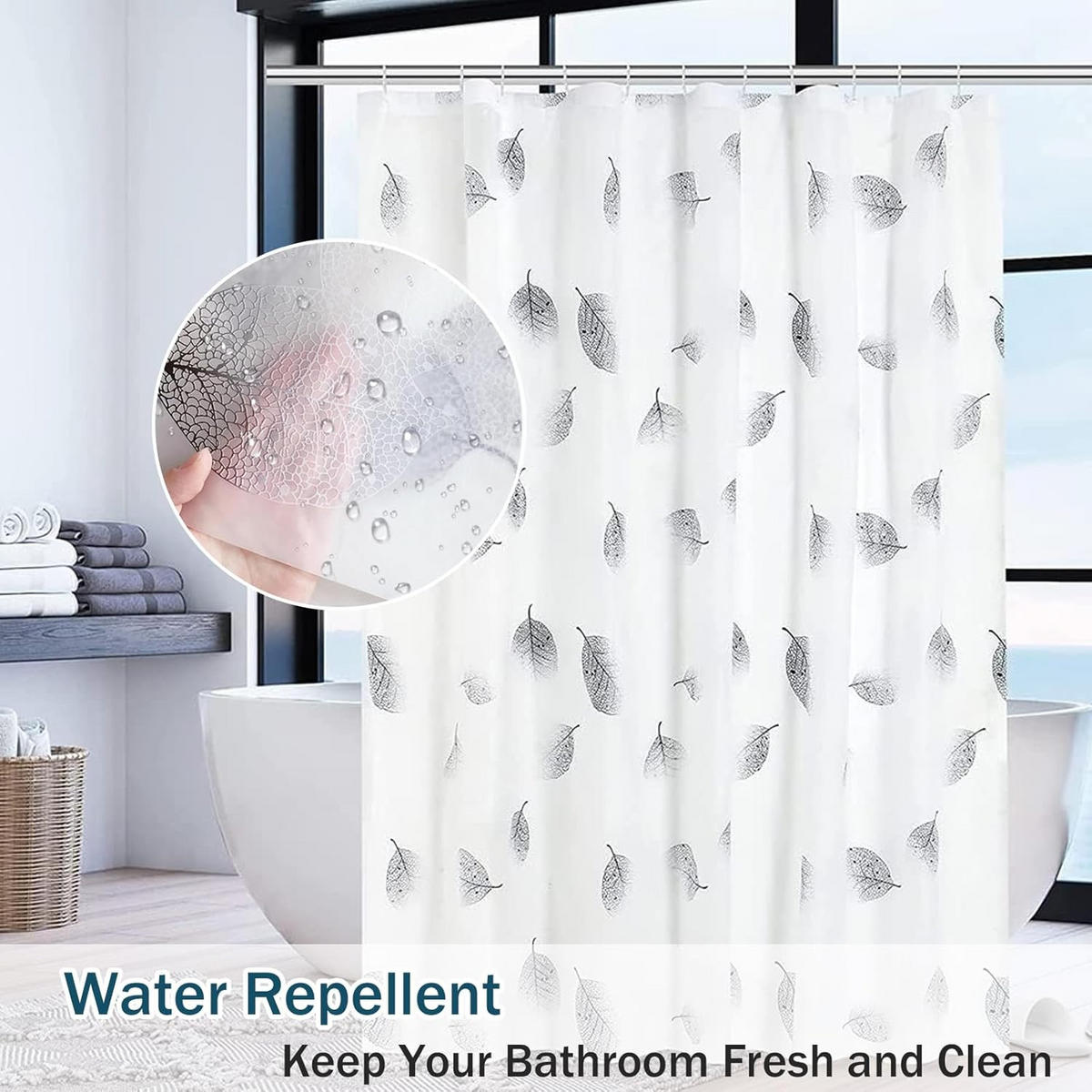 DUSCHVORHANG Stoff PEVA mit Haken waschbar schimmelresistent Blätter 180 x 200 cm - Weiß, Kunststoff (30/4cm) - MCBOSON