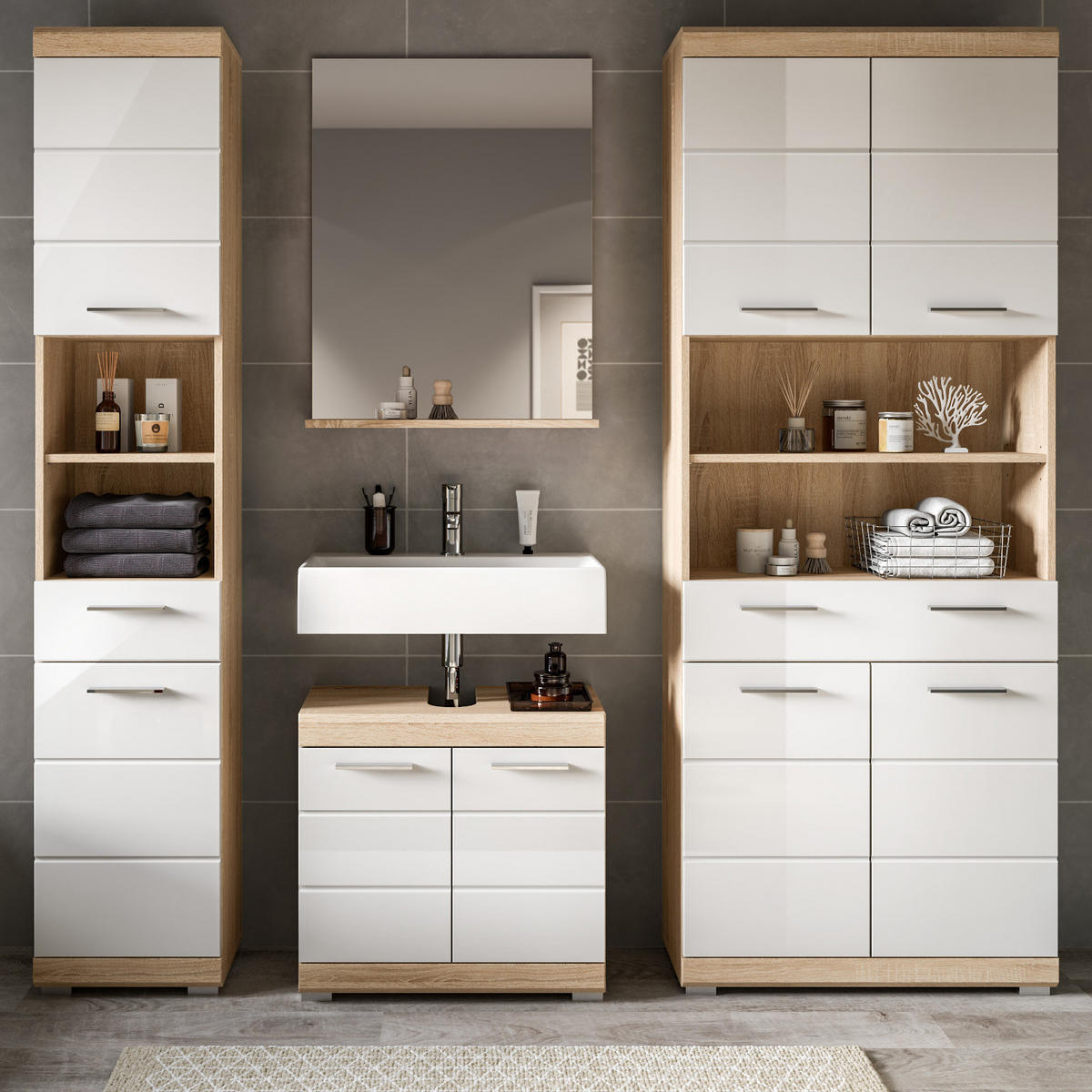 BADMÖBEL-SET weiß Hochglanz, Eiche 4-teilig 186 cm, viel Stauraum - Weiß Hochglanz/Eichefarben, Holzwerkstoff (186/191/34cm) - Inn.Furn