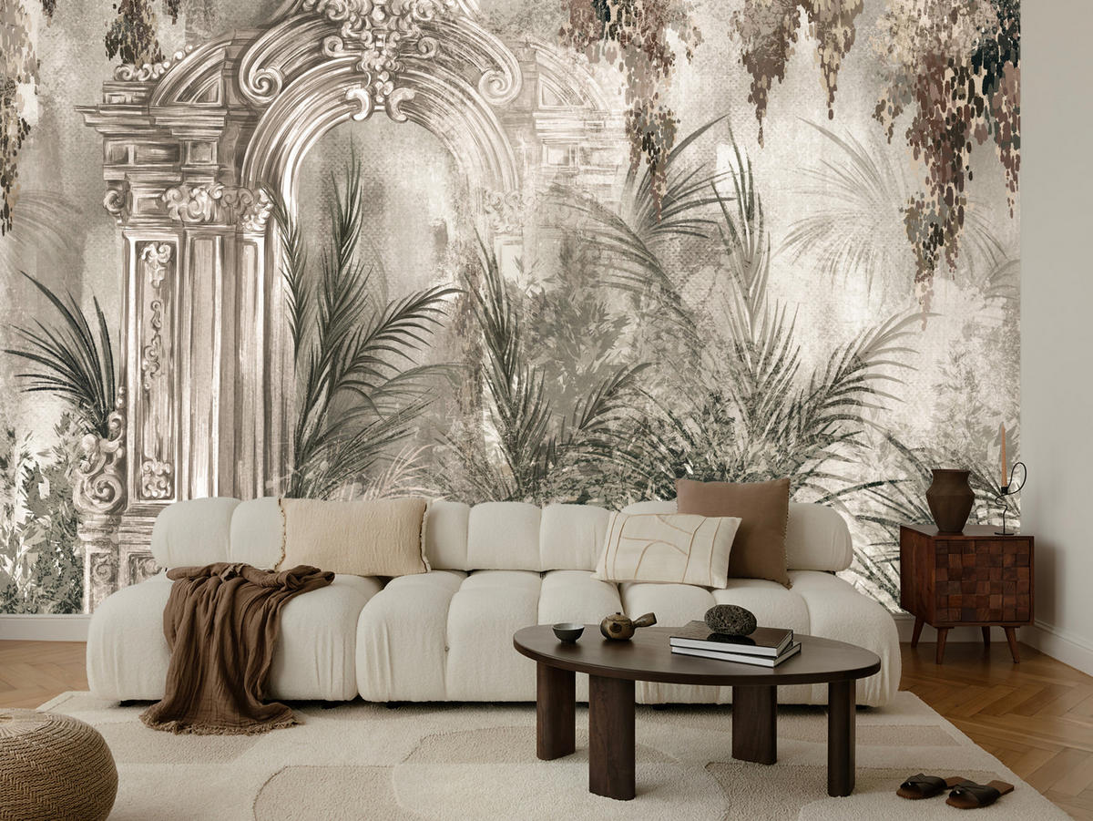 FOTOTAPETE für Wohnzimmer Kolumnen Tropen Pflanzen Palmen Natur 250x175 - Beige, Papier (250/175cm) - Muralo