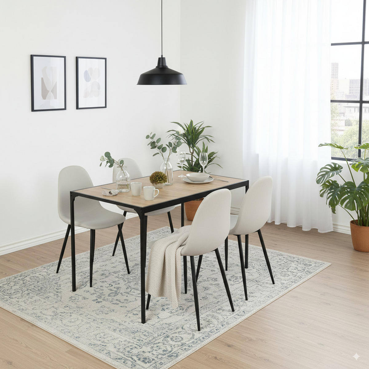 ESSZIMMER SET – 1 Tisch + 4 Stühle – Holzoptik & Beige Stoff - Beige, Holzwerkstoff/Metall (120/75/80cm) - Urban Meuble