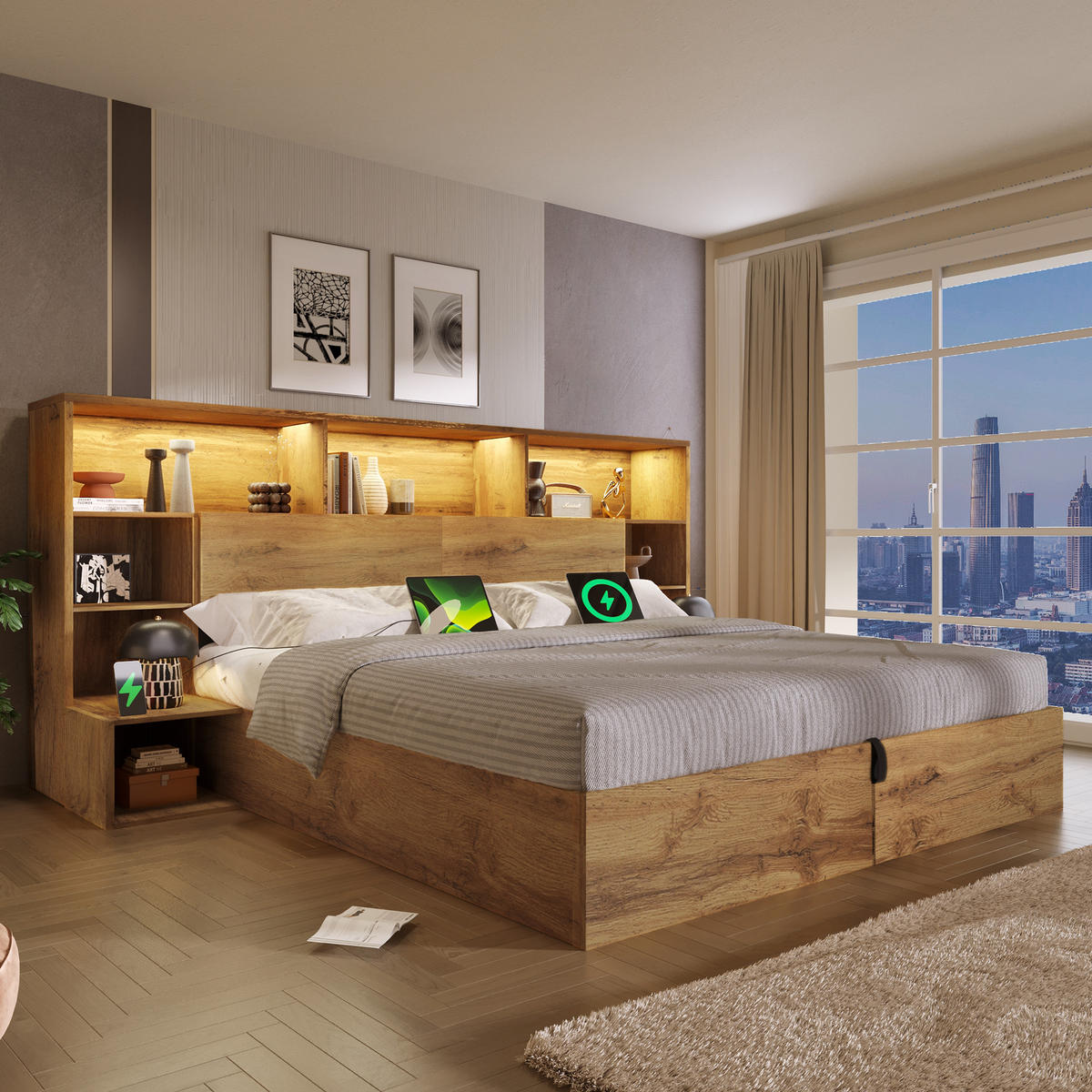 POLSTERBETT 160/200 cm Eiche mit integrierten Nachttischen, LED und USB-C, Ohne Matratze - Eichefarben, Holz (160/200cm) - Oxeza