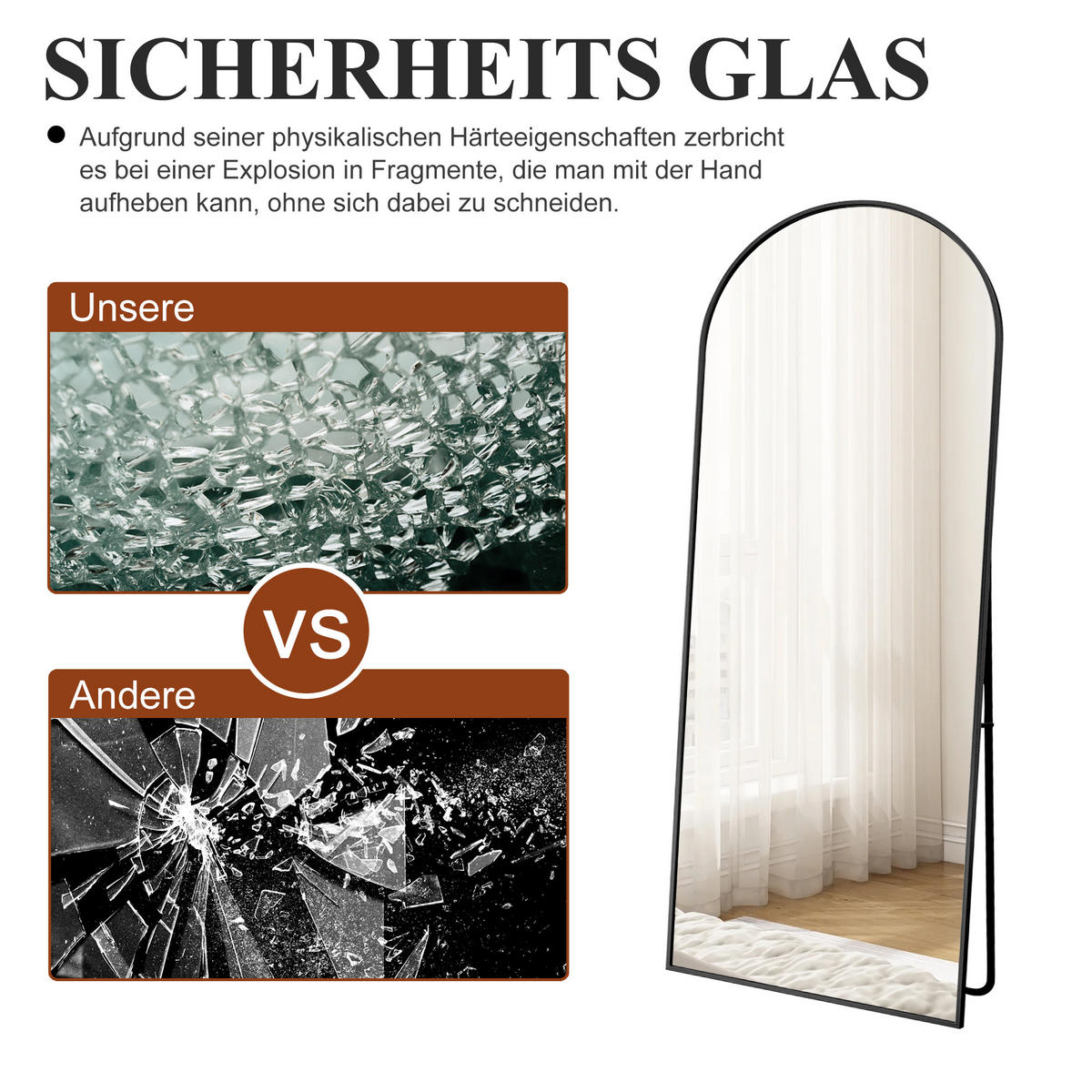STANDSPIEGEL Bogen 173x63 cm Metallrahmen schwarz - Schwarz, Holz (63/173/3cm) - LEBENLANG