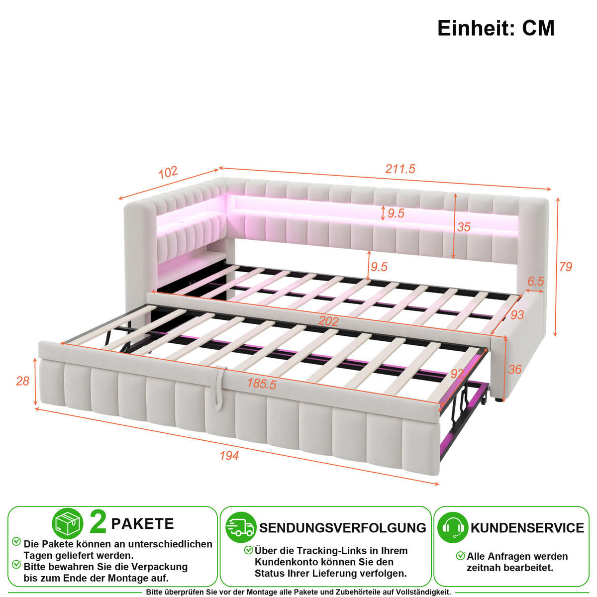 POLSTERBETT 90/200 cm in Beige mit Ausziehfunktion, LED, USB & Ablagen - Beige, Holzwerkstoff/Textil (90/200cm) - CHICFURN