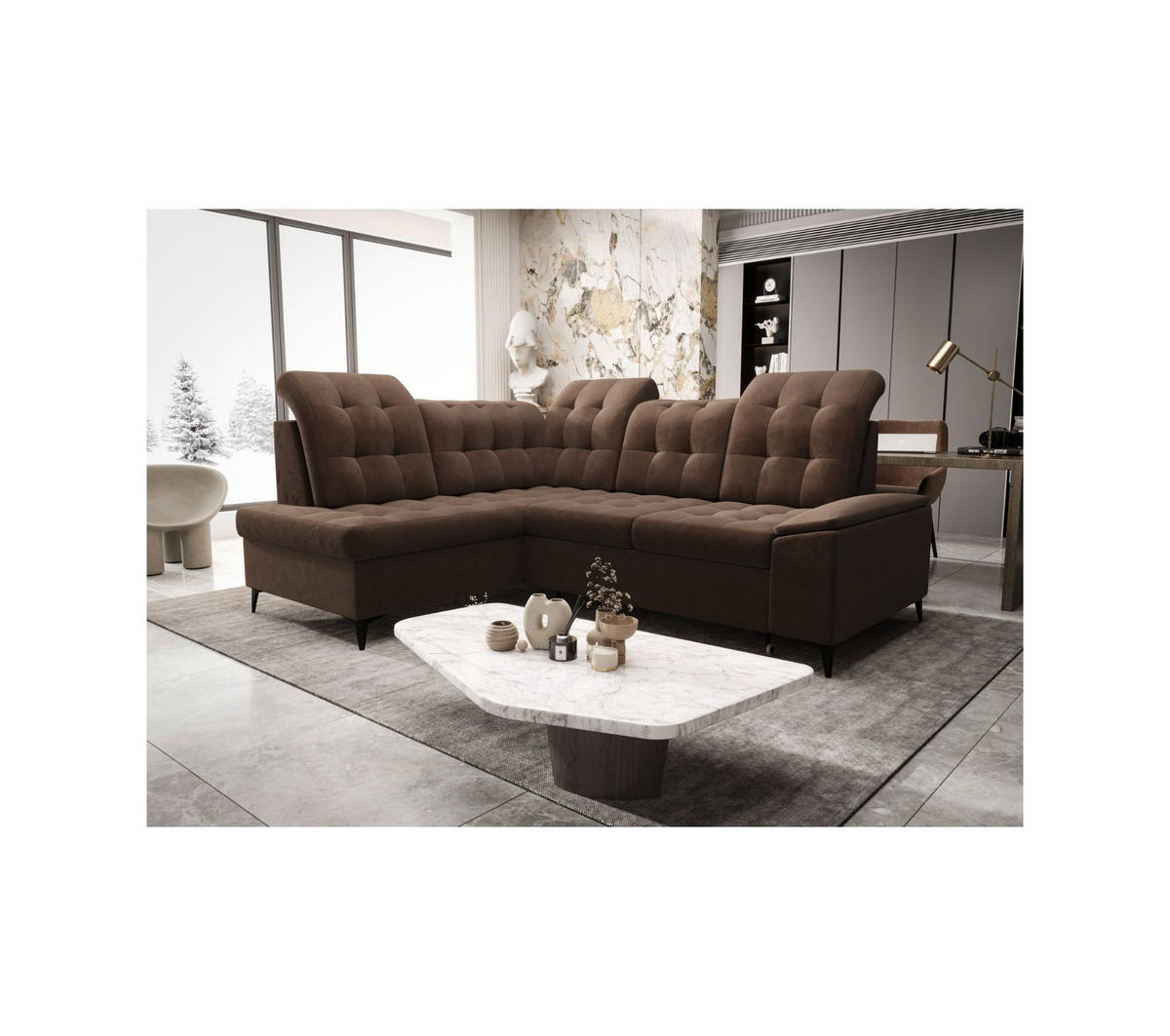 ECKSOFA KONGO RBN16, Eckcouch in L-Form mit Schlaffunktion, Farbe: Dunkelbraun, Velourstoff, Ottomane Links - Dunkelbraun, Textil (268/210cm) - O-Sofa
