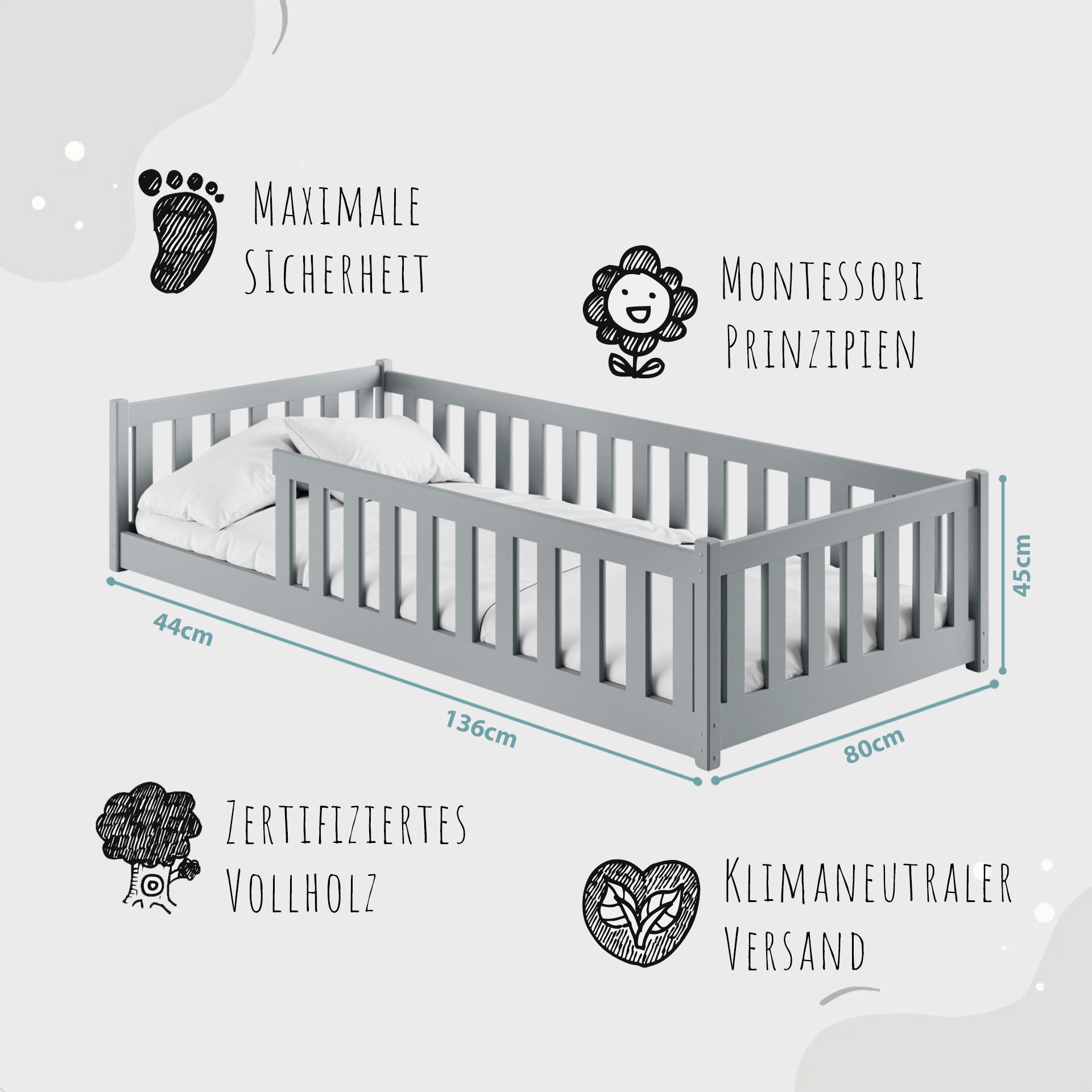 Thumbnail - Kids Collective Kinderbett, Hellgrau, Holz, 80x180 cm, Kinder- & Jugendzimmer, Kindermöbel, Kinderbetten, Kindereinzelbe...