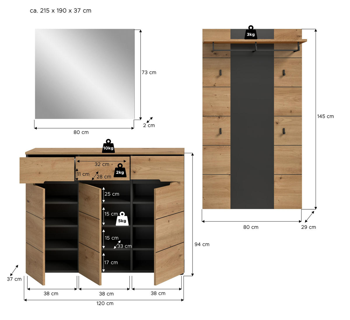 GARDEROBEN-SET CANU 3-tlg. (B/H/T: ca. 215/190/37 cm) in Basalt grau/Artisan Nachbildung - Grau, Holzwerkstoff (215/190/37cm)