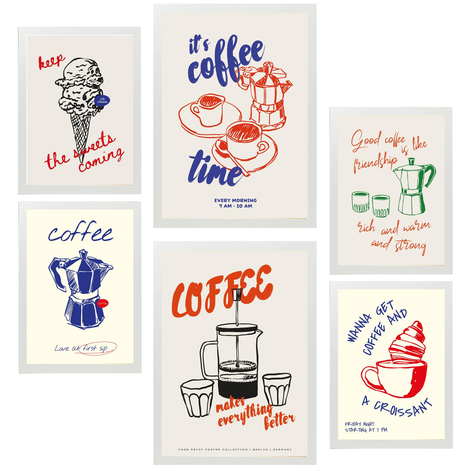 POSTER Set Mit 6 Von Lebensmitteln & Essen Im Pop Art In Pastelltönen A3 & A4 Weißer Rahmen - Weiß, Papier (29/3cm) - Nacnic