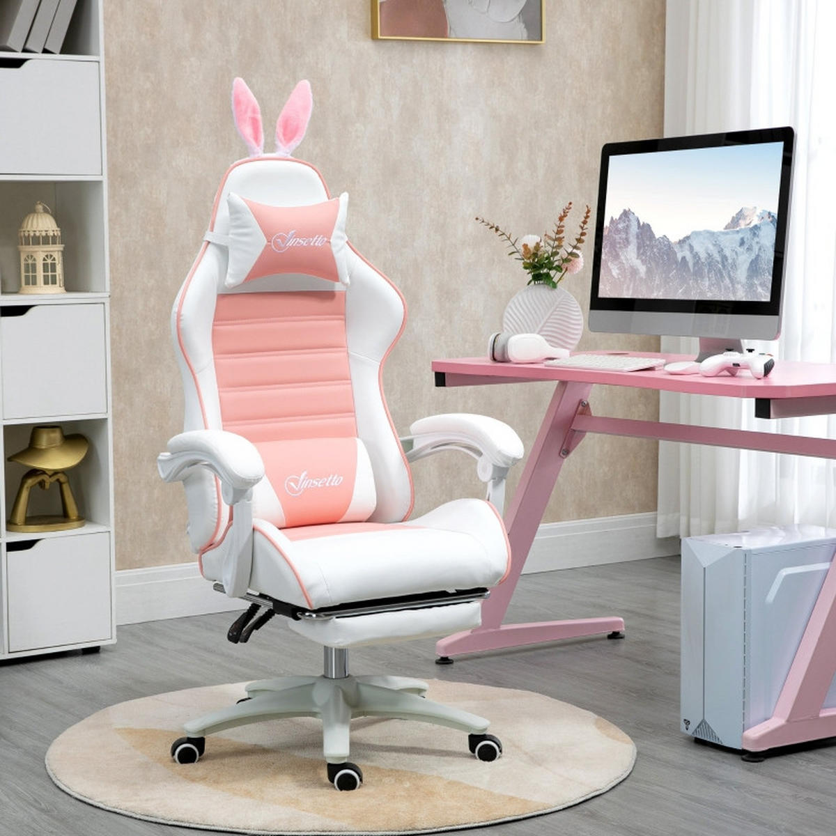 GAMINGSTUHL 65/63/136-142 cm, höhenverstellbar 44-52 cm, mit Fußstütze und Hasenohren, Bonded Leather, Pink - Pink, Kunststoff (63/142/65cm) - Redom