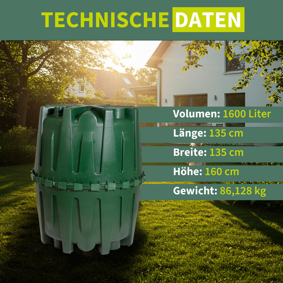TANKSYSTEM 1600 L Komplettpaket Garten - Grün, Kunststoff (135/160/135cm) - 4rain