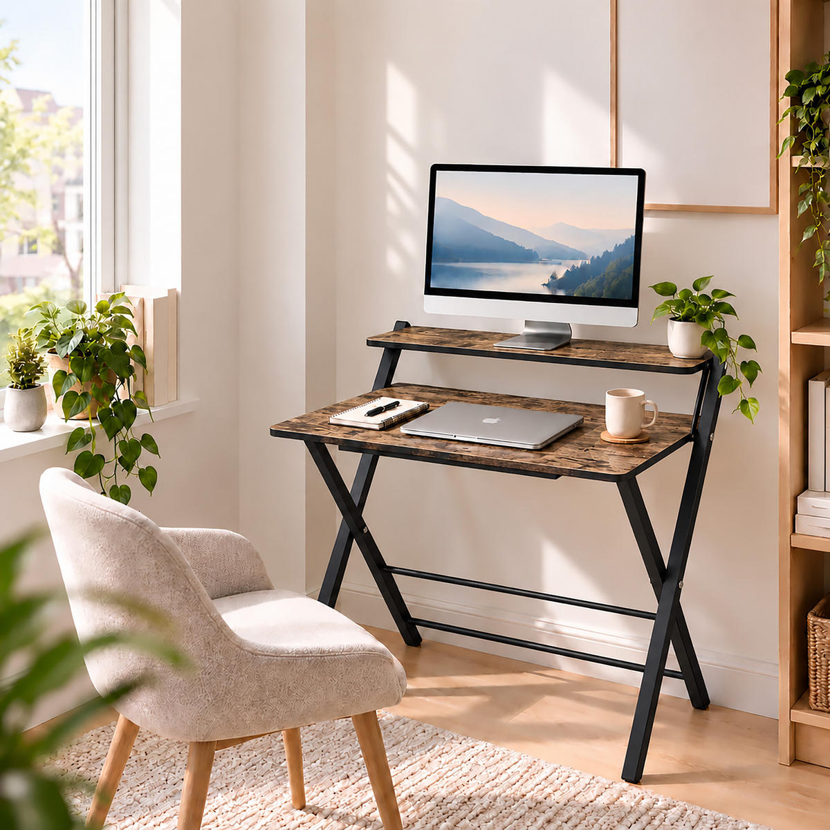 SKRIVBORD Brun Svart fällbart med monitorhylla MDF metall - Multicolor, Träbaserade material/Metall (56/70/82cm) - Relaxdays