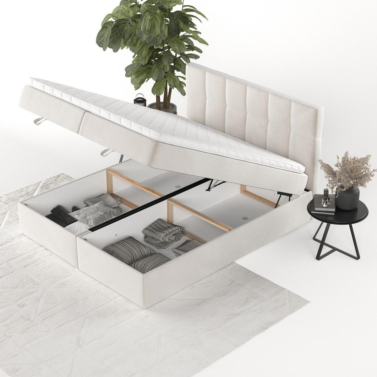 BOXBETT Savio 140/200 cm Creme im Paros Stoff - Creme/Schwarz, Holz/Holzwerkstoff (140/200cm) - AltaBeds