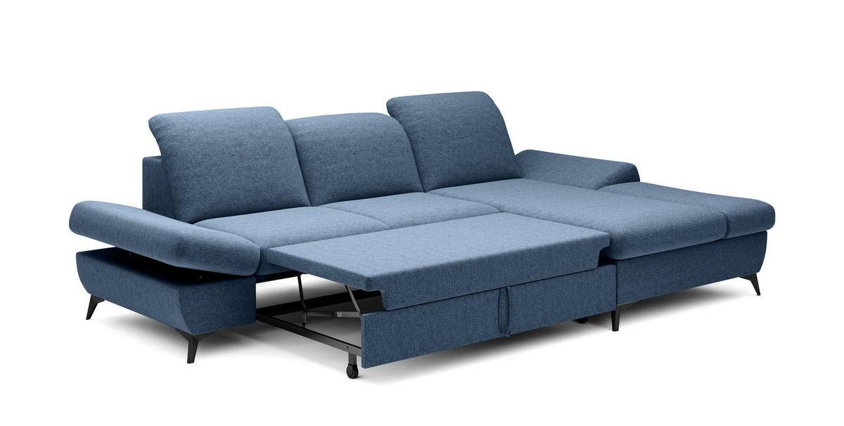 ECKSOFA FELICE R-S Blau Geflochtener Stoff mit Schlaffunktion - Blau, Holz (284/166cm) - MASSENO