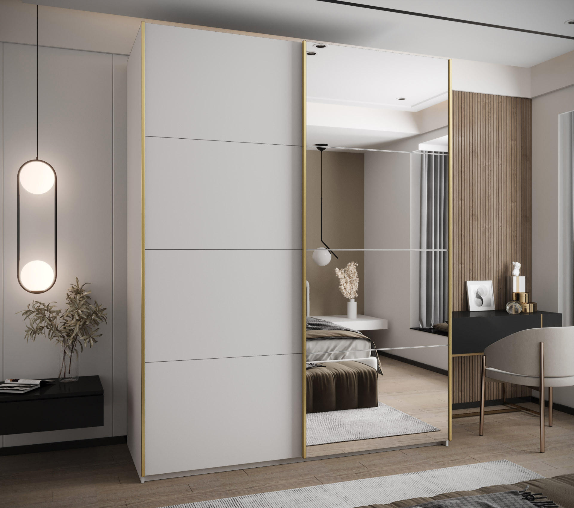 SCHWEBETÜRENSCHRANK 245,5/190/64 2-türig - Goldfarben/Weiß, Holz/Metall (190/245/64cm) - Abiks Möbel