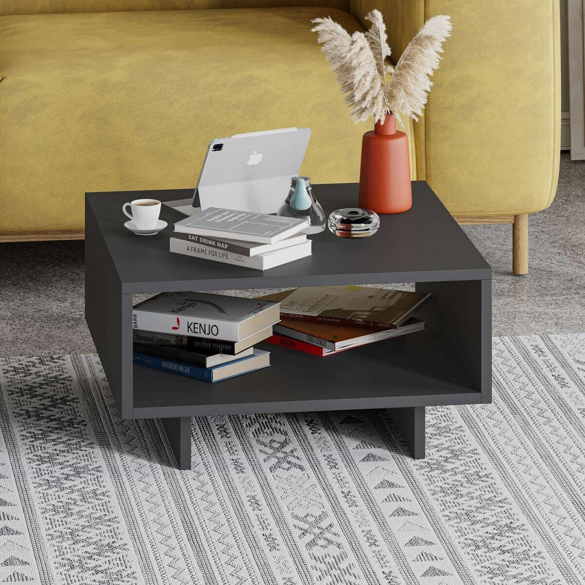 COUCHTISCH mit 1 Regal L60 cm - Hola - Anthrazit, Holzwerkstoff (60/60/32cm) - Calicosy