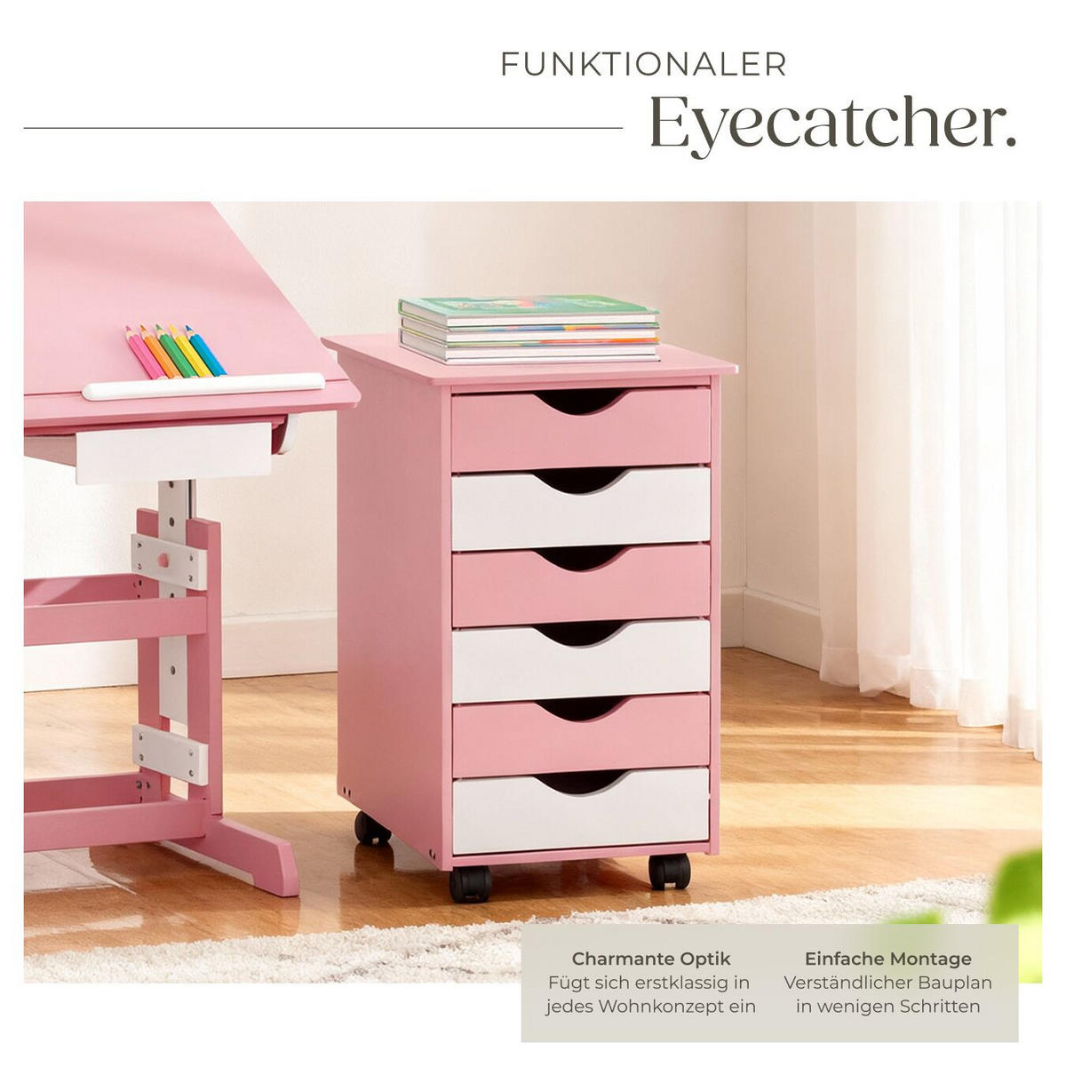 ROLLCONTAINER ,einfache Montage, 36 x 40 x 65 cm,rosa - Rosa, Holz (40/65/36cm) - tectake