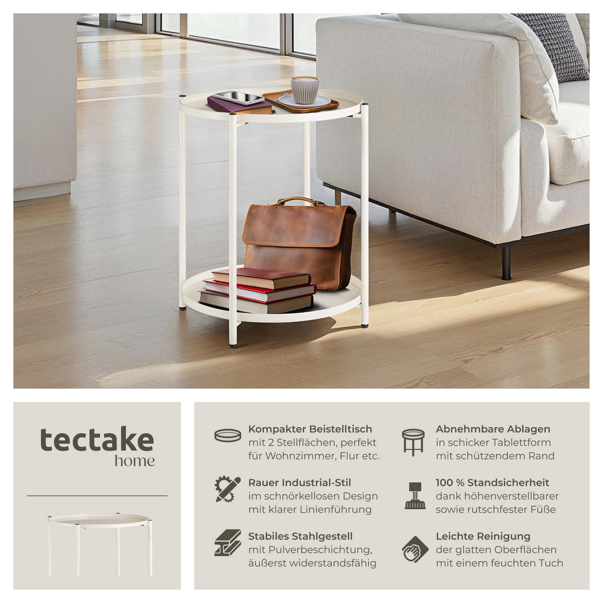 BEISTELLTISCH Oxford,45,5 x 45,5 x 53 cm,creme - Creme, Metall (45.5/45.5/53cm) - tectake