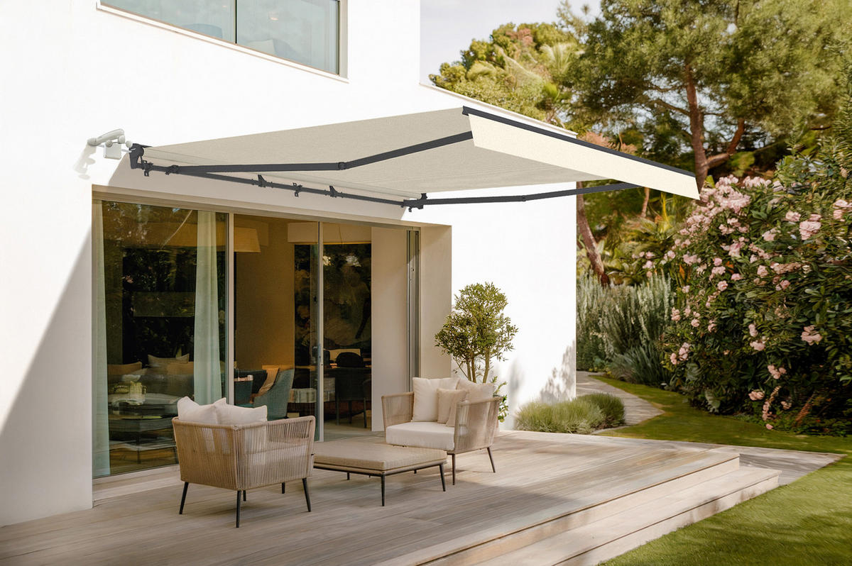 HALBKASSETTENMARKISE Fazzio Beige 4m x 3m motorisierte - Premium-Leinwand 320g/m² - Beige, Metall (400/270/300cm) - Cazeboo