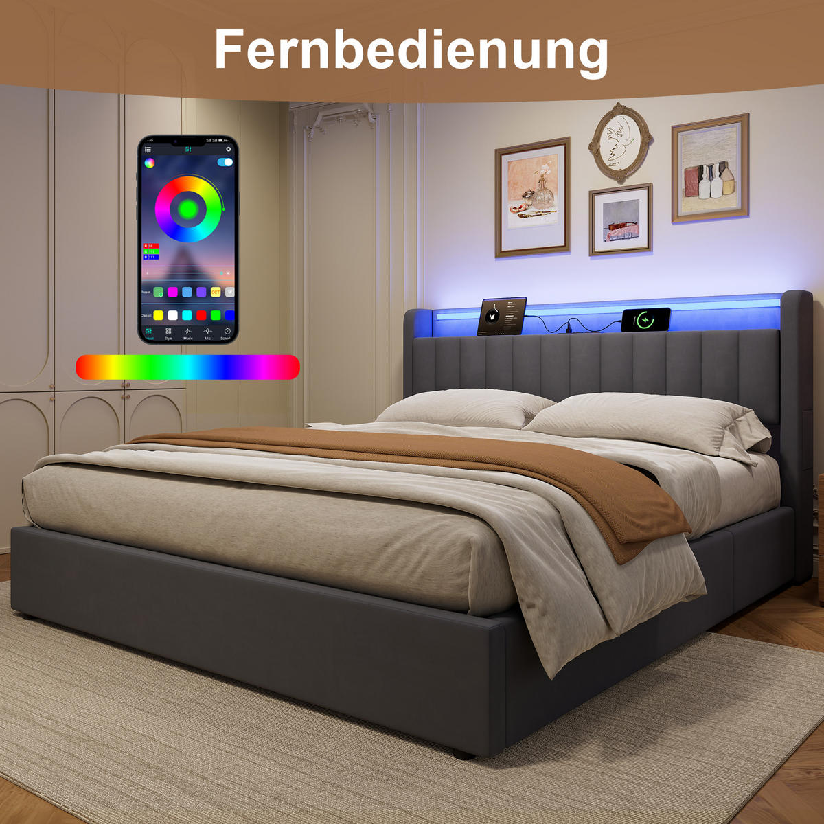 POLSTERBETT 180x200cm mit abgerundeten Kanten,mit Bettkasten und LED-Beleuchtung,Grau - Grau, Holzwerkstoff/Textil (180/200cm) - EVRYAE