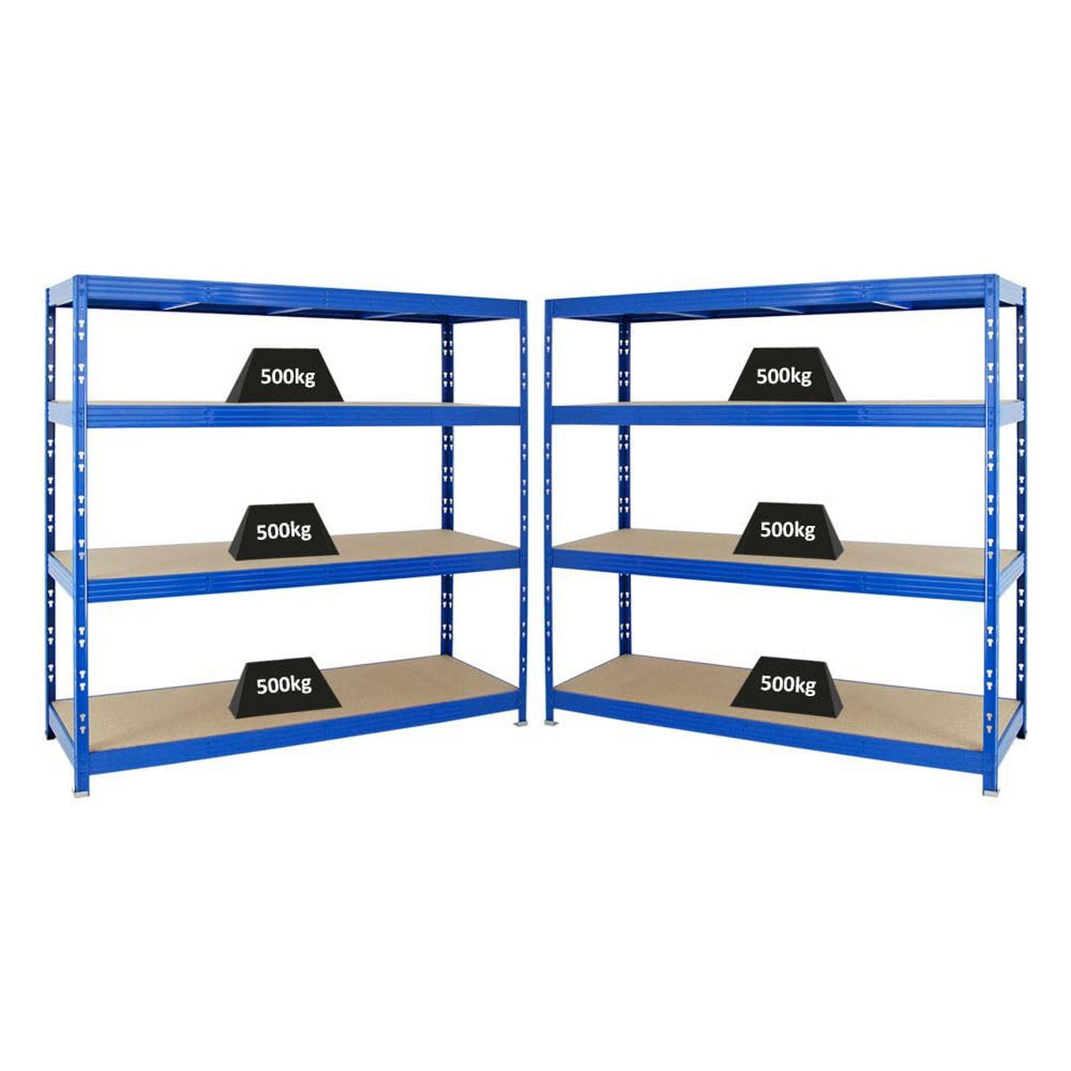 SCHWERLASTREGAL Rhino 2er-Set mit 2x 180x200x60 cm 4 Spanplatten-Ebenen 8mm Fachlast 500 kg Blau - Blau, Metall (400/180/60cm) - PROREGAL