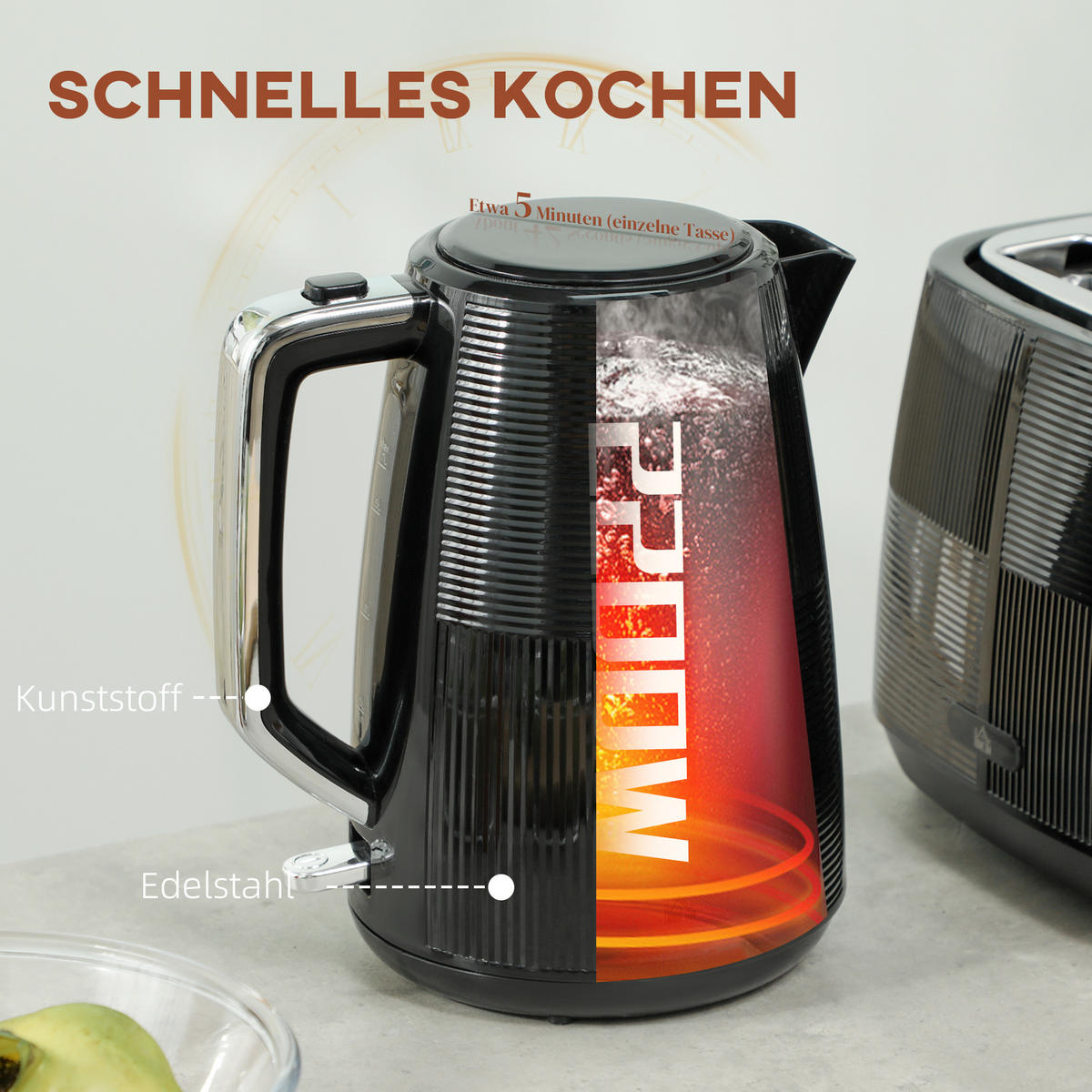 TOASTER mit Wasserkocher DE-07880 Schwarz - Schwarz, Kunststoff (15.6/23.3/20.4cm) - ComfortXL