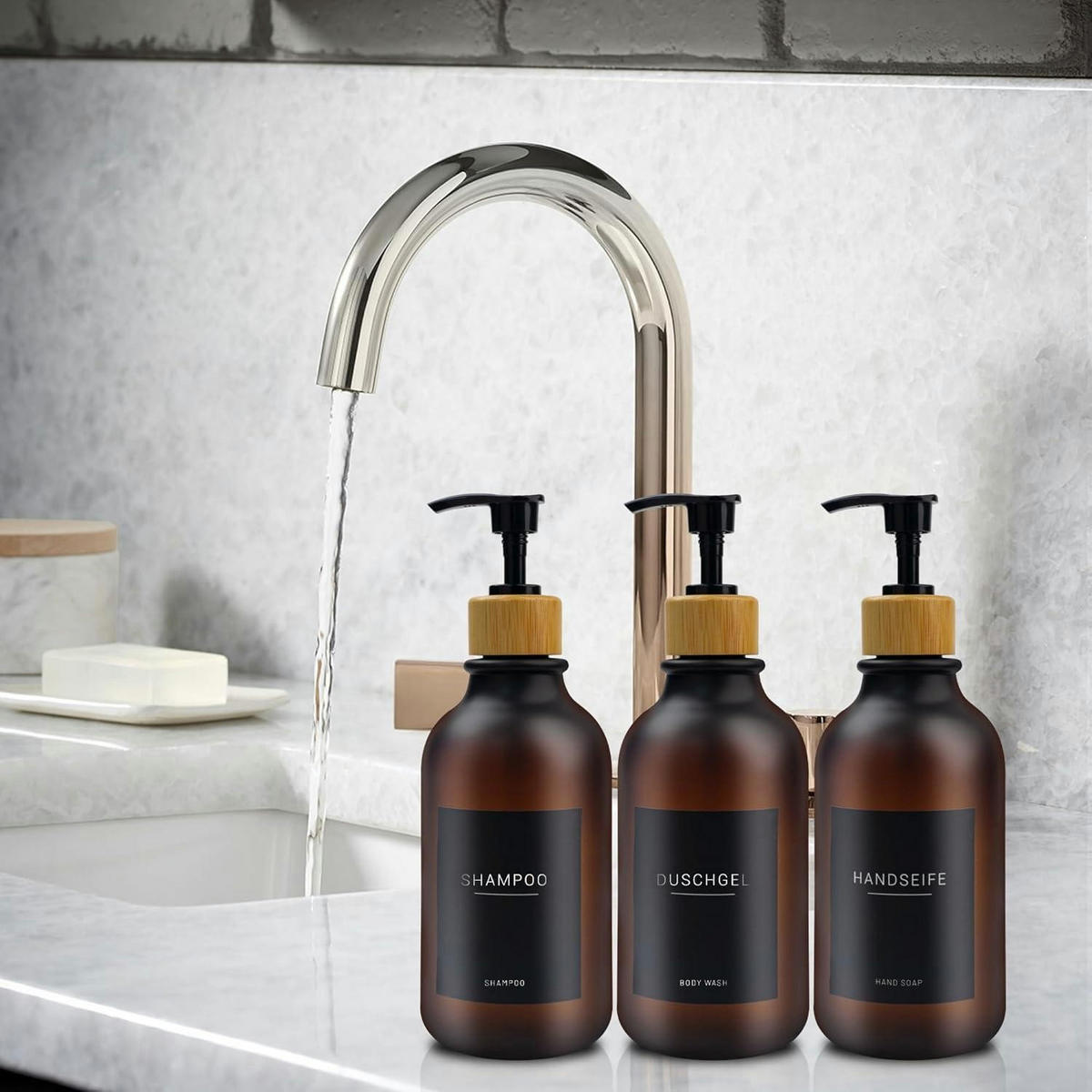 SEIFENSPENDER-SET 3 Stück 500ml PET Bernstein mit Etiketten - Braun, Kunststoff (7.4/19/7.4cm)