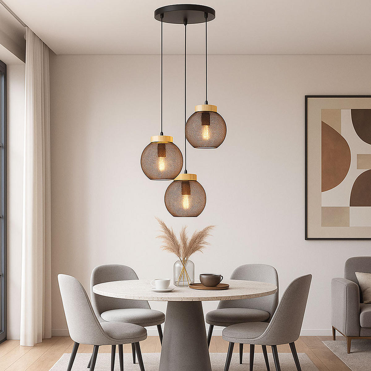 HÄNGELEUCHTE Metall Schwarz Drahtgeflecht - Schwarz, Holz (44/44/120cm) - Globo Lighting