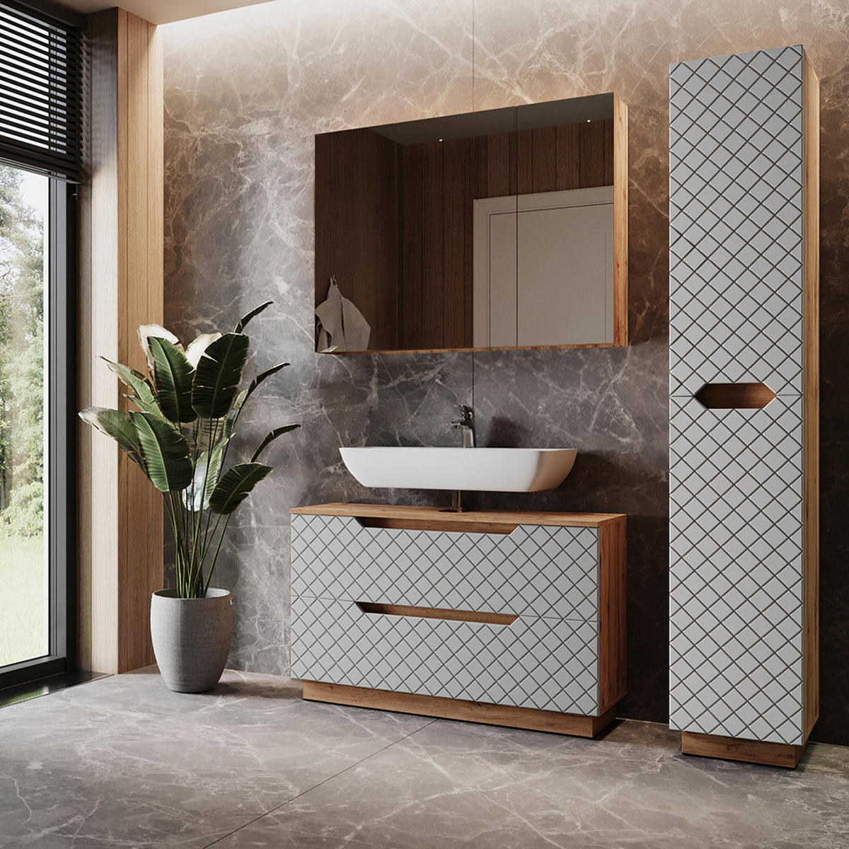 BADMÖBEL-SET Lotta Eiche/Grau mit Kachelstruktur 3 Teile - Eichefarben/Grau, Holzwerkstoff (99.4/62.5/32cm) - Vicco