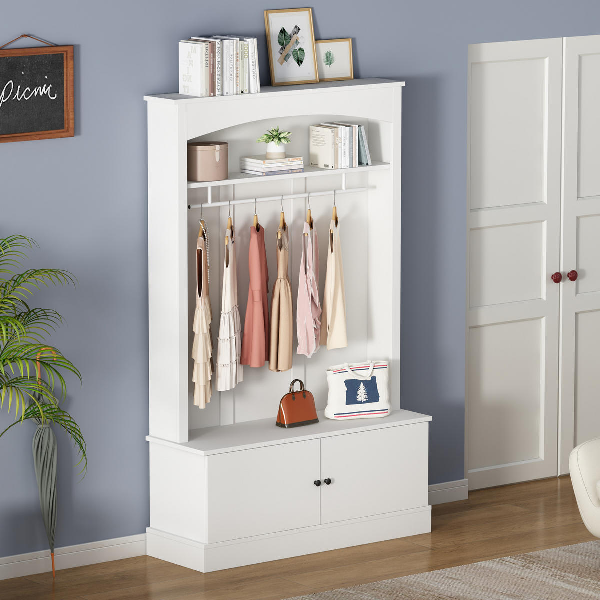 GARDEROBENSCHRANK in Weiß mit Schuhbank und Kleiderschrank für Eingangsbereich, B120/T40/H190cm - Weiß, Holzwerkstoff (120/190/40cm) - STILVORA