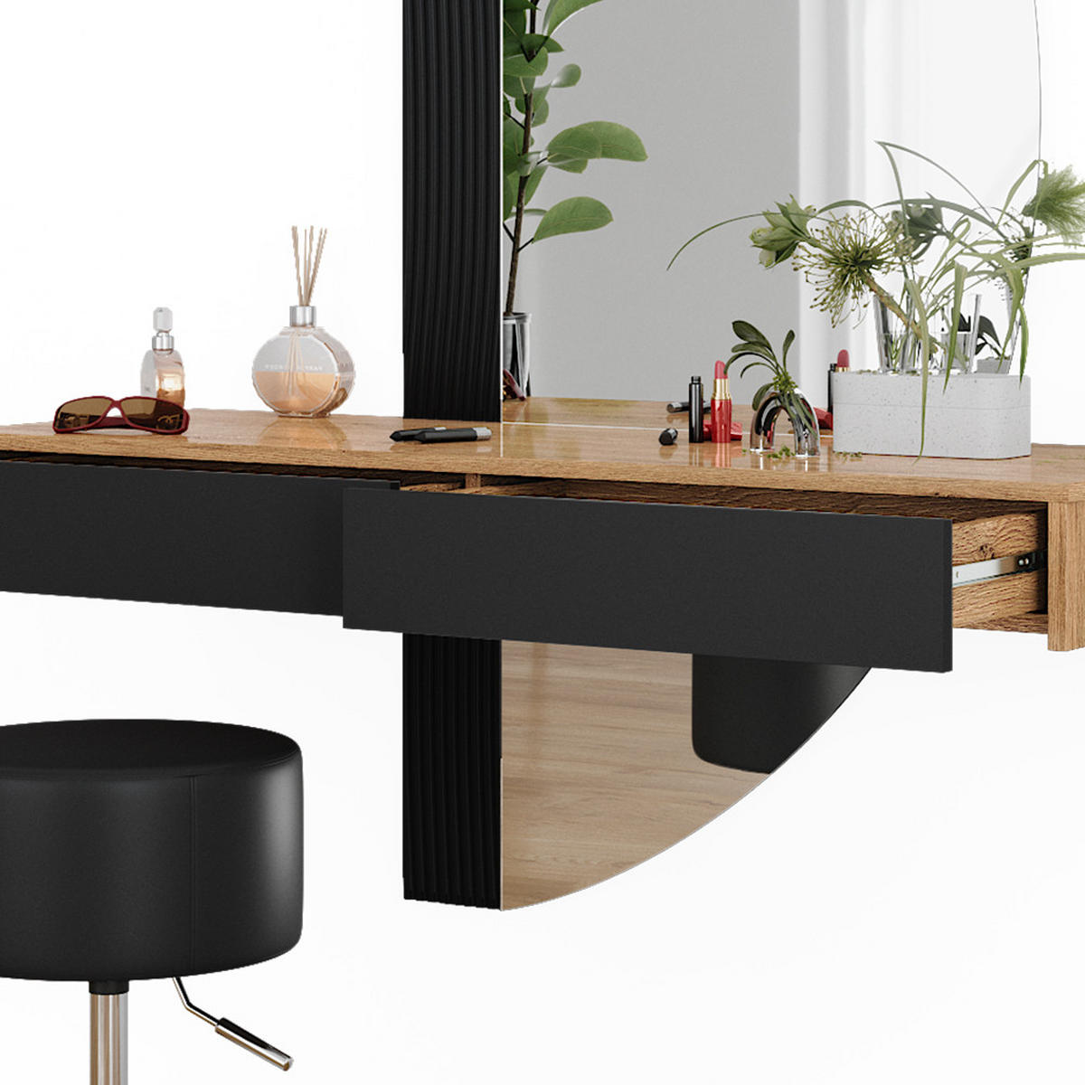 SCHMINKTISCH Melisa Schwarz 120 cm mit Beleuchtung und Hocker - Eichefarben/Schwarz, Holzwerkstoff (120/161.1/40cm) - Vicco