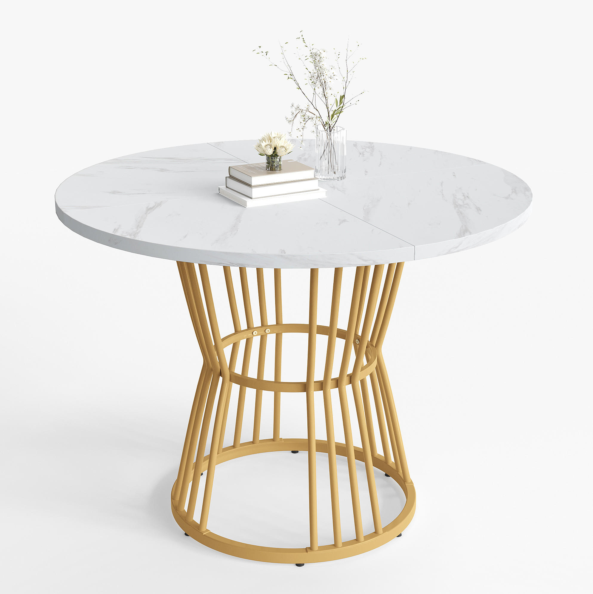 OKWISH JÍDELNÍ stůl 100/100/75 cm bílý z MDF a kovu s mramorovým dekorem