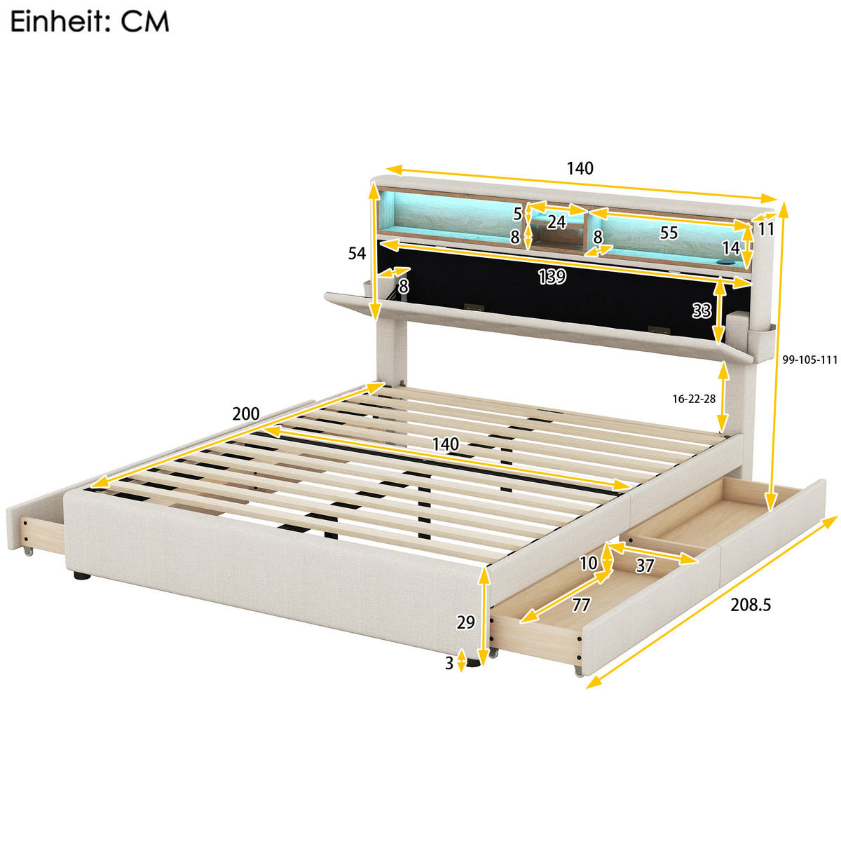 DOPPELBETT 140x200cm Beige Polsterbett LED USB 4 Schubladen Kopfteil - Beige, Holz (140/200cm) - FLIEKS