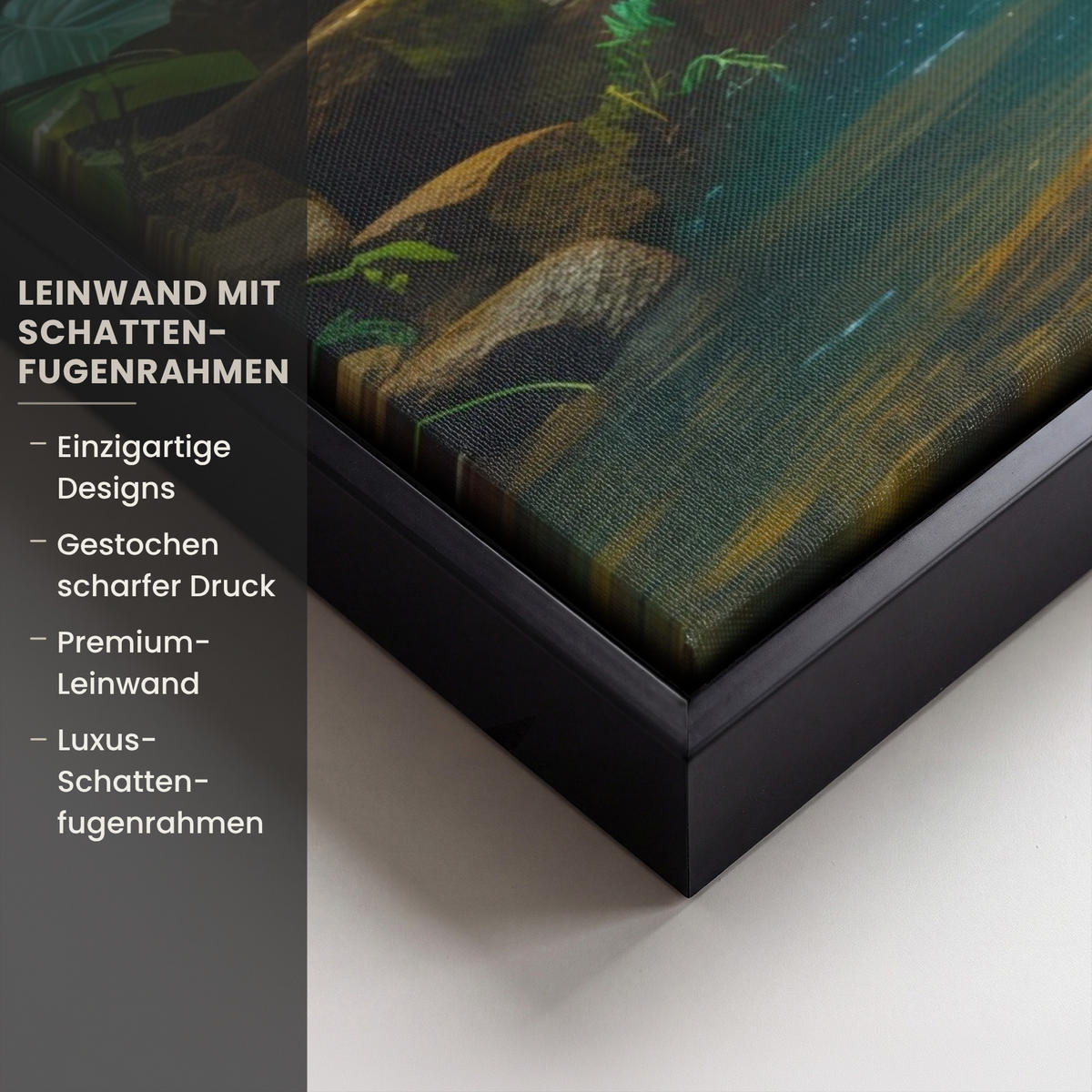 LEINWAND Bilder mit Rahmen - Wasserfall - Dschungel - Sonne - Grün - Natur - 100x70 - Grün, Textil (100/70cm) - MuchoWow