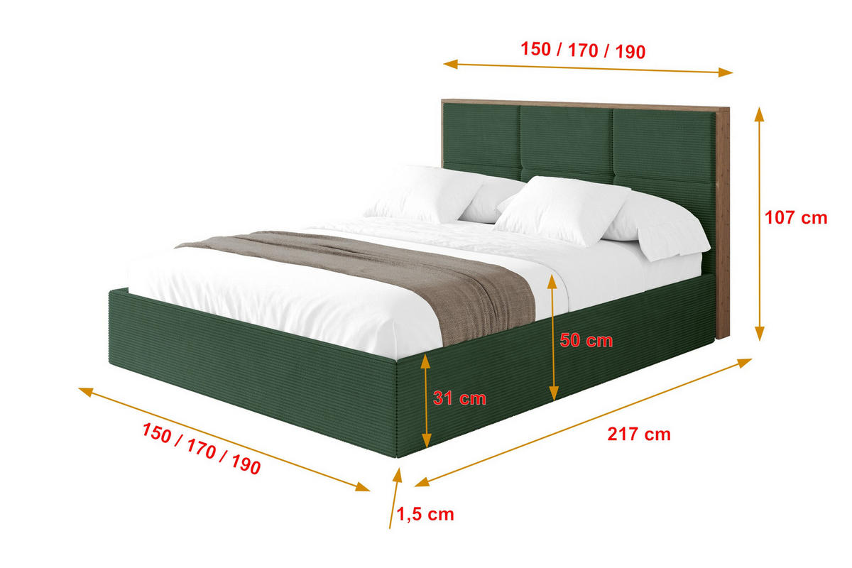 POLSTERBETT mit Bettkasten und Lattenrost, Bett mit Matratze H3/H4 - LILA 140x200 Grün - Olivgrün, Holzwerkstoff/Textil (140/200cm) - ALTDECOR