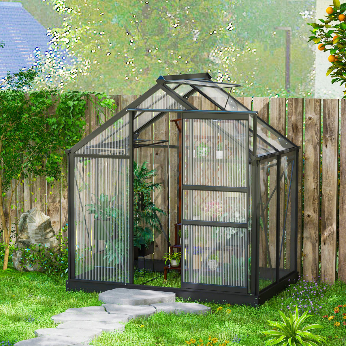 GEWÄCHSHAUS DE-11968 Polycarbonat mit Dachluke & Regenrinne Grau - Grau, Kunststoff (132/201/190cm) - ComfortXL