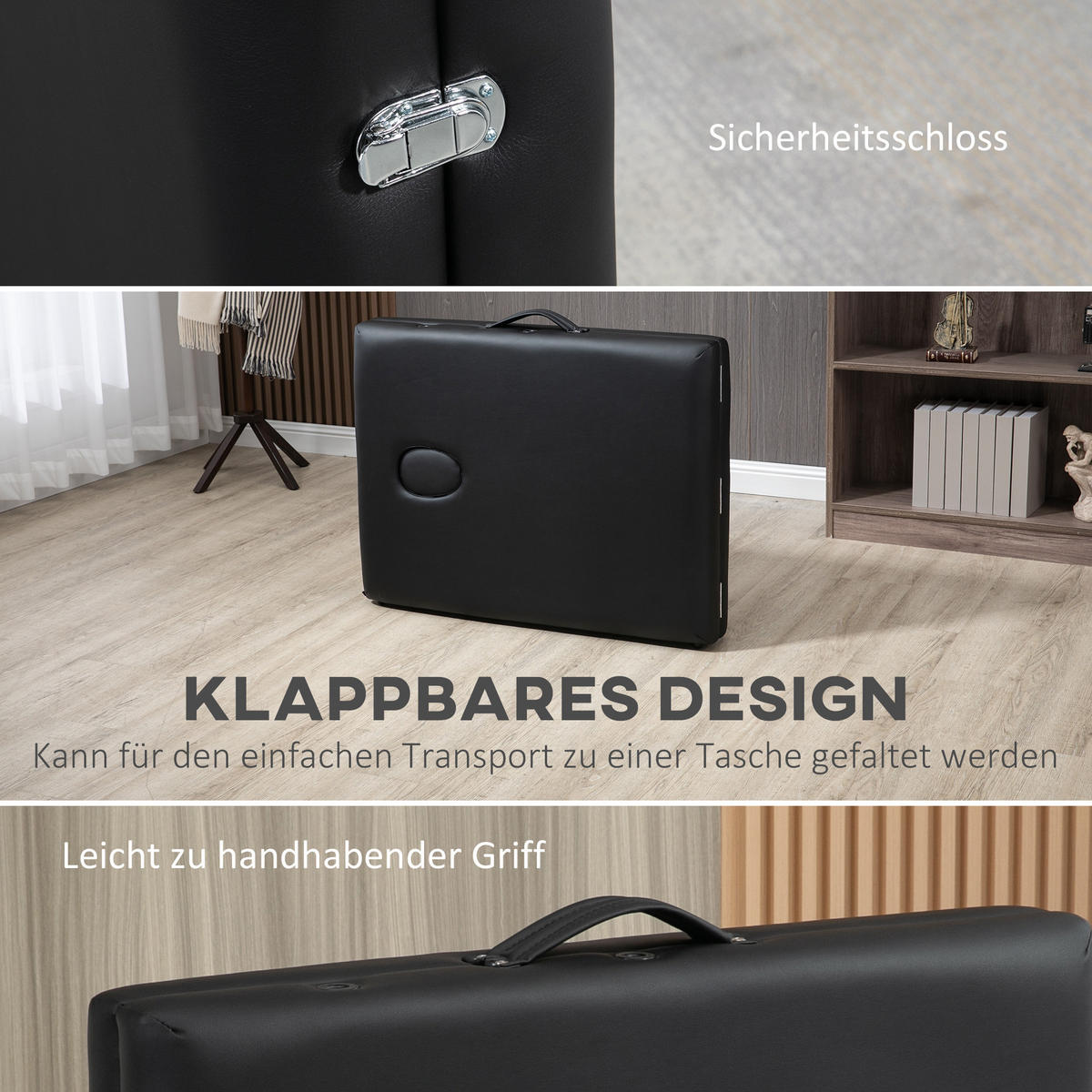 MASSAGELIEGE, Kunstleder, Schwarz - Schwarz, Metall (71/83/186cm) - HOMCOM