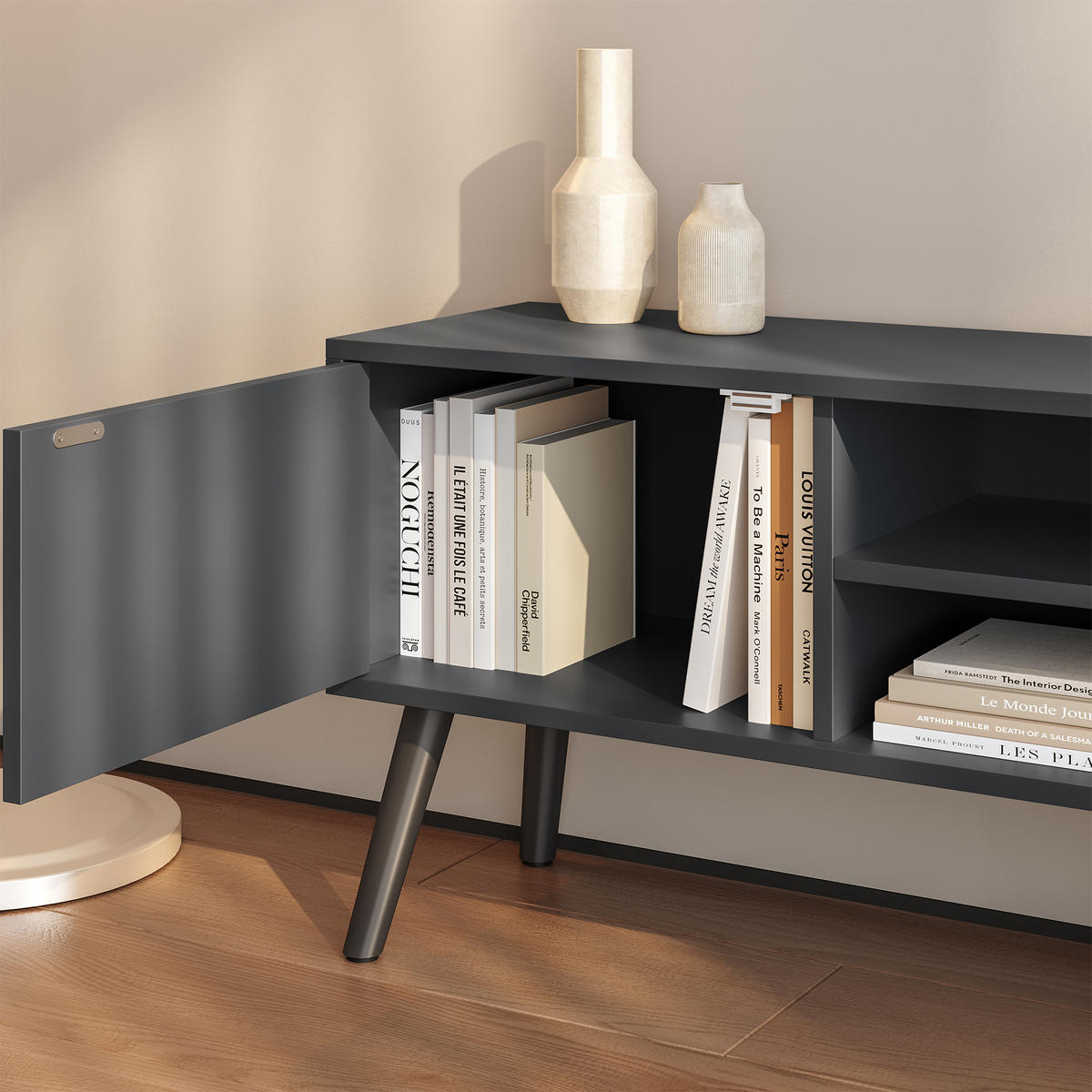 LOWBOARD Eskilstuna - Dunkelgrau, Holz/Holzwerkstoff (120/46.5/29.5cm) - [en.casa]