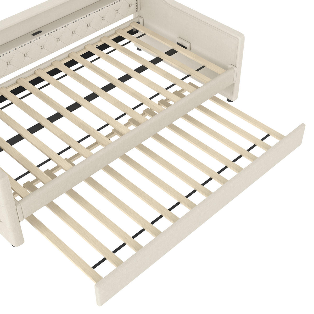 TAGEBETT 90x200cm Beige Leinen LED-Licht Ausziehbett USB - Beige, Holz (90/200cm) - FLIEKS