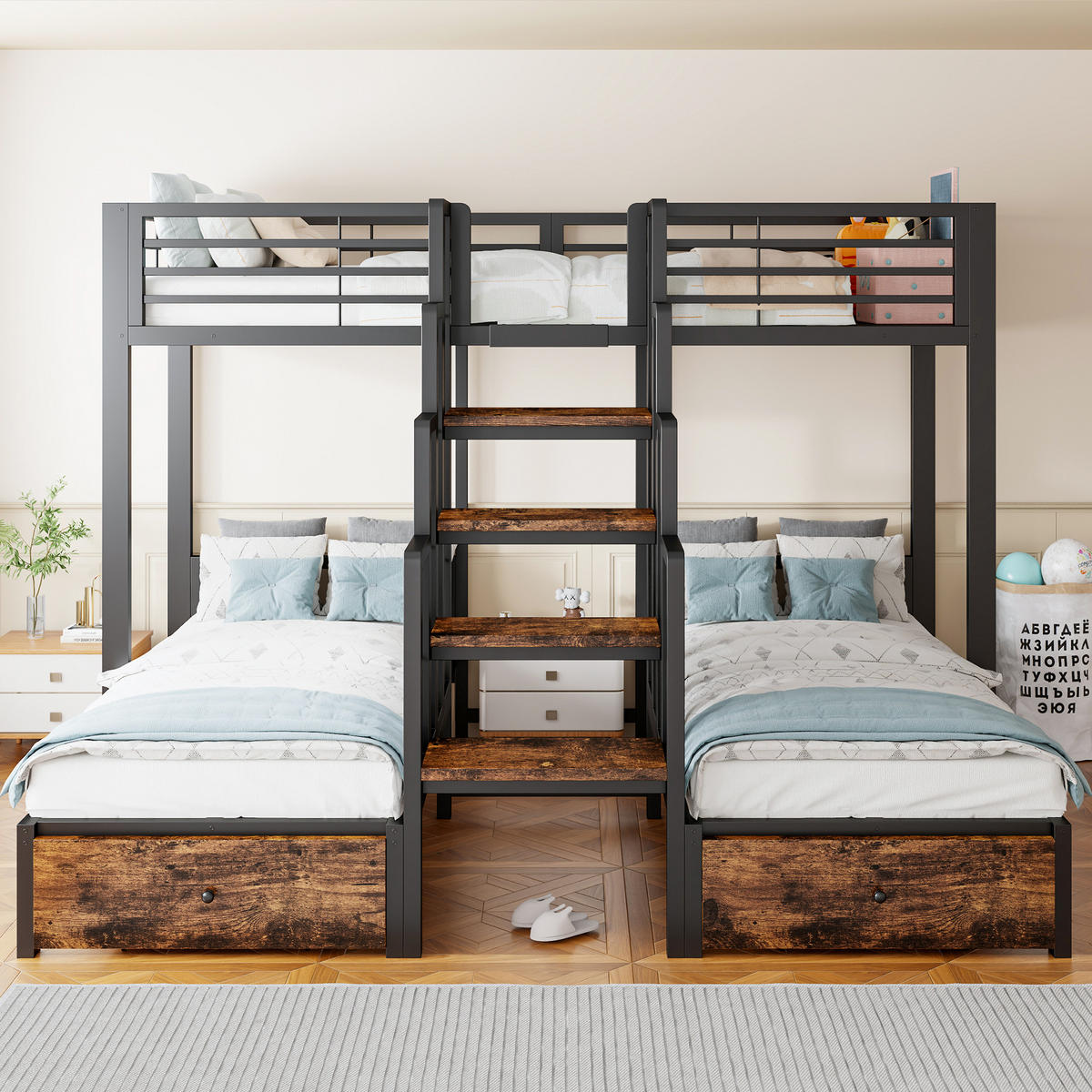 ETAGENBETT 90/200 cm mit Treppe und Schubladen, DE-41595, in Schwarz - Schwarz, Metall (90/200cm) - ComfortXL