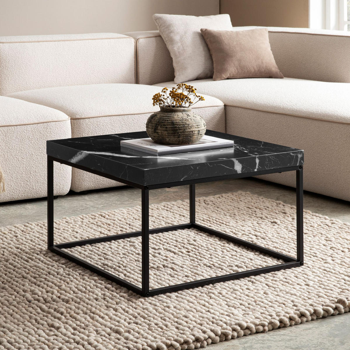 COUCHTISCH in Stein-Optik mit Metallbeinen im modernen Design, Schwarz 60x60x38 cm - Schwarz, Holzwerkstoff/Metall (60/60/38cm) - KADIMA DESIGN