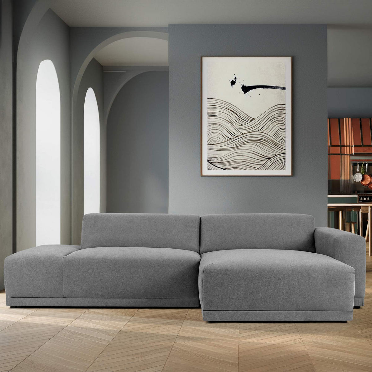 ECKSOFA RECHTS MUDI in moderner Optik mit hochwertigem Kaltschaum, Cord-Stoff, Aschgrau - Schwarz/Grau, Textil (280/160cm) - KONSIMO®