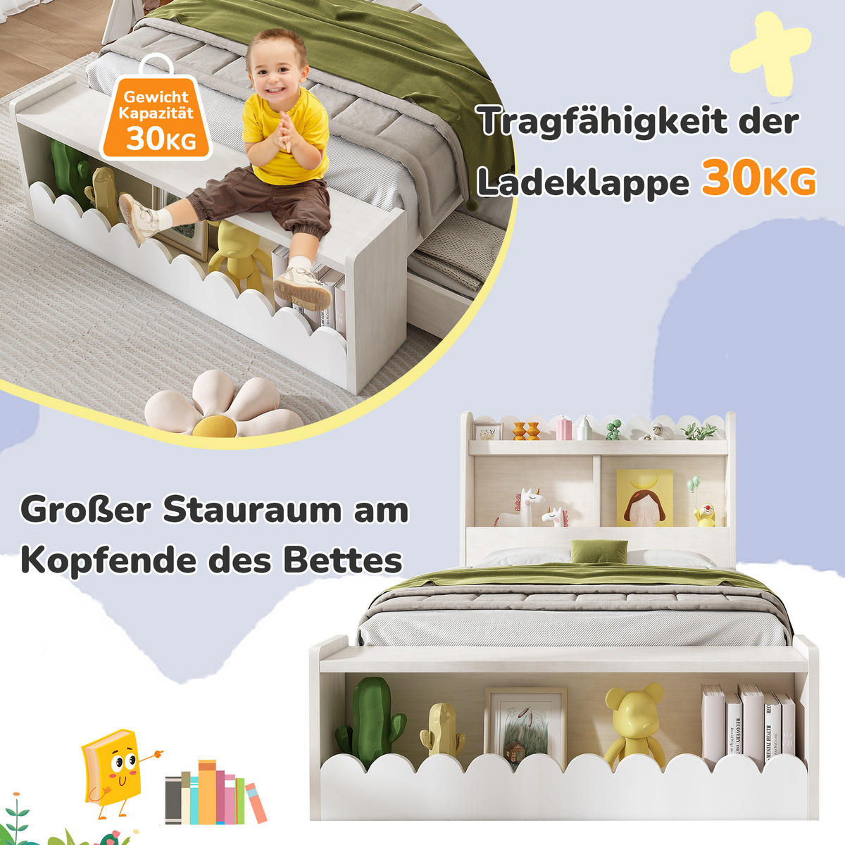 KINDERBETT 90/200 cm mit 2 Schubladen, Regal, Sitzbank mit Stauraum und Lattenrost aus Massivholz und MDF, Weiß/Eichefarben - Weiß, Holzwerkstoff - Redom